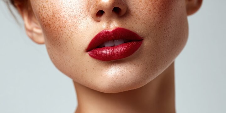 Close-up of a woman's face with freckles and bold red lipstick, showcasing natural beauty