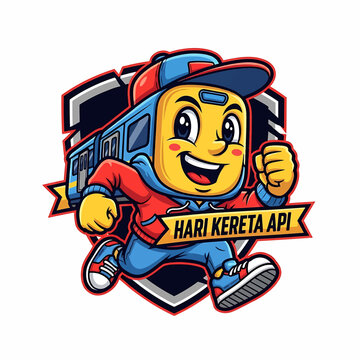 Cheerful Train Mascot Running with Banner Hari Kereta Api