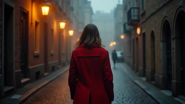Woman in red coat standing alone on foggy cobblestone European alley, bokeh warm lantern light background