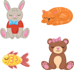Fototapeta premium Cute vector collection of sleeping baby animals and toy characters. Hand drawn set featuring bunny, cat, fish and teddy bear.