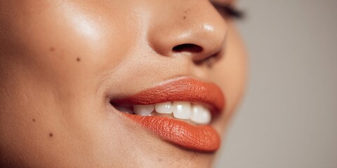 Naklejka premium Close-up of a woman's mouth with vibrant orange lipstick and a subtle smile