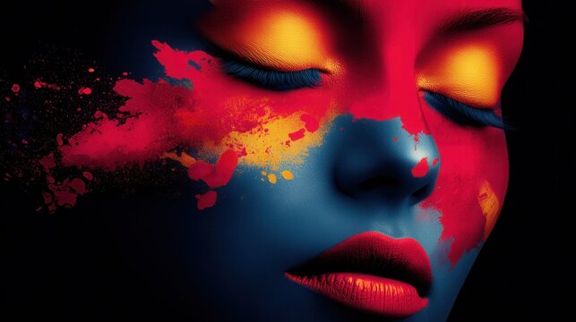 Vibrant abstract face art with bold red and yellow paint splashes on dark background