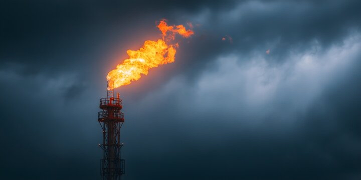Oil refinery gas flare stack burning flame against dark stormy sky, industrial energy production and environmental pollution concept, dramatic atmospheric background for global oil and gas industry