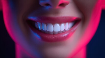 Naklejka premium Close-up of a woman's perfect white smile with vibrant pink lipstick and neon lighting