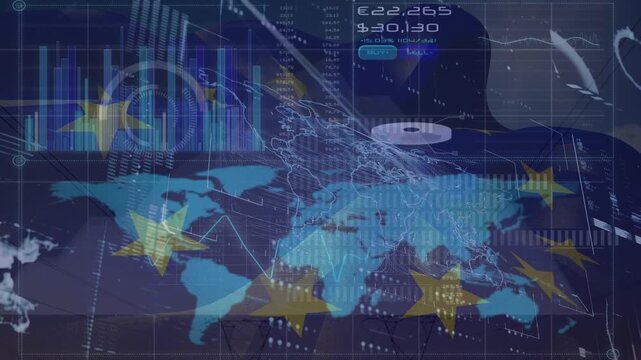 Animation of financial data and european union and great britain flags over electricity poles