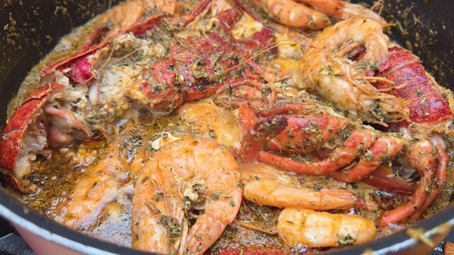 Bogavante o langosta con gambas cocinado al fuego