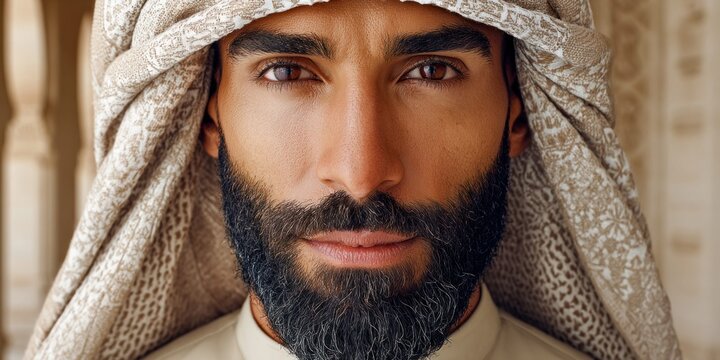 Close-up portrait of a handsome Arab man with a beard wearing traditional keffiyeh headwear