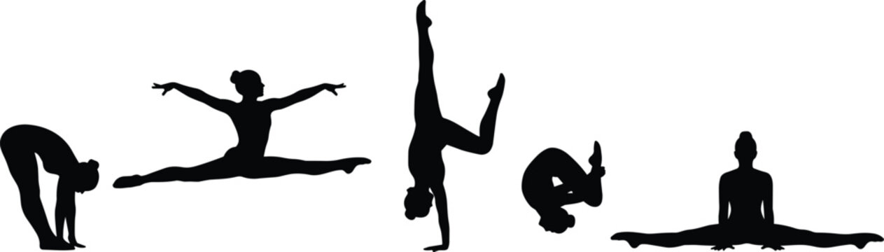 Black silhouette set of female rhythmic gymnasts and yoga athletes performing graceful floor exercises, splits, handstands, and stretching poses isolated on a white background.
