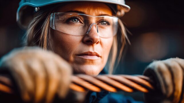 A female engineer, focused and determined, working on a construction site with cables.