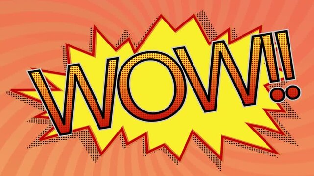 Animation of comic 5 options text over multiple comic speech bubbles with comic sound effects texts