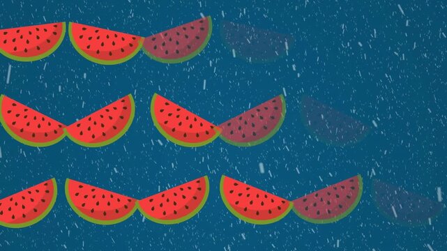 Animation of pink watermelon slices over snowflakes falling on dark background