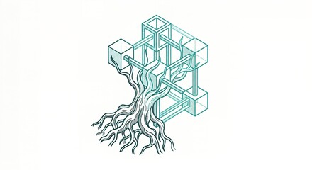 Obraz premium Isometric structural network and organic roots line art grounding rigid technological geometry for sustainable infrastructure and foundational business architecture