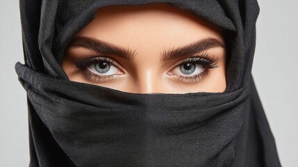 Naklejka premium Close-up of a woman's striking blue eyes and perfectly shaped eyebrows covered by a black hijab