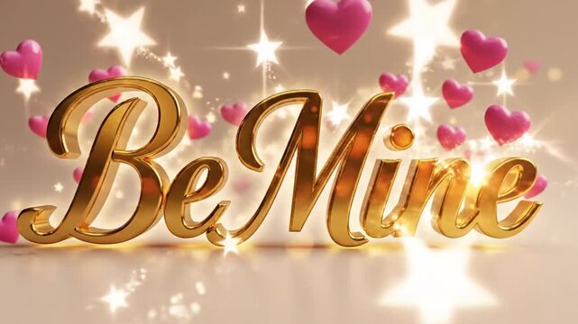 Golden be mine text with floating pink hearts and sparkling stars