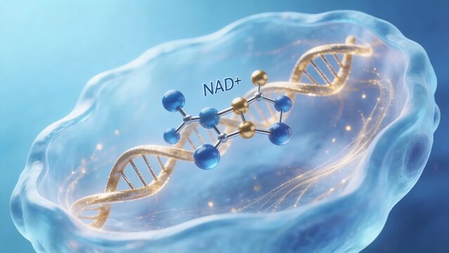 NAD+ Molecule and DNA Double Helix Inside a Cellular Structure