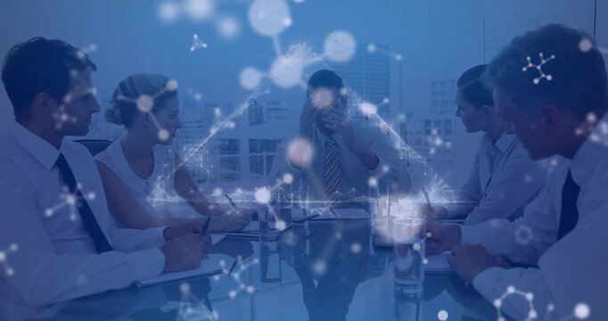 Animation of triangle and nucleotides over caucasian angry manager shouting on coworkers in meeting
