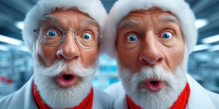 Two Santas in lab coats with surprised expressions, wearing Santa hats and red scarves