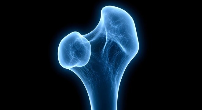 X ray image of a human femur with a large bone growth or tumor on the upper end
