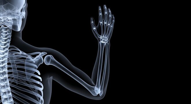 Human skeleton with raised hand in x ray image