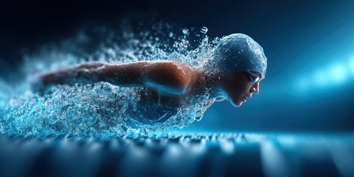Swimmer in motion, breaking through water with dynamic splashes and light effects
