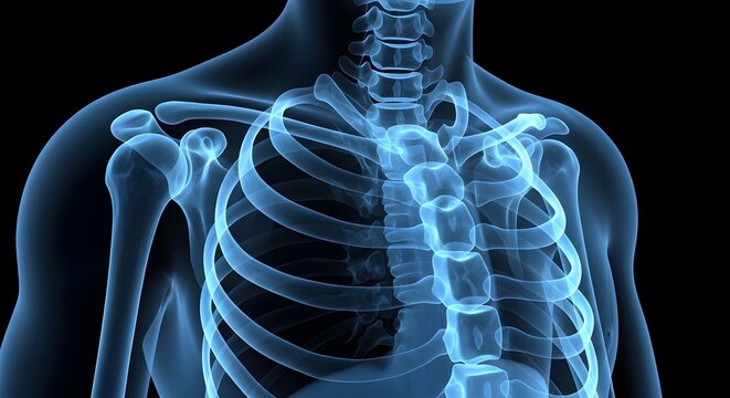 Human skeleton x ray image of torso and upper limbs