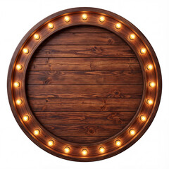 Fototapeta premium Round Wooden Signboard with Warm Glowing Bulbs Isolated on White Background