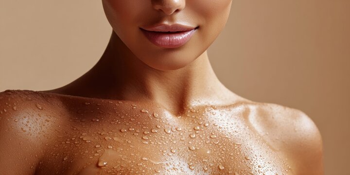 Close-up of a woman's decolletage and neck covered in water droplets