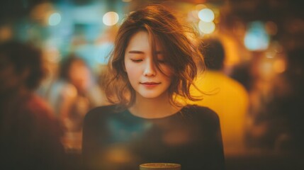 Obraz premium A portrait of a serene woman with closed eyes enjoying a peaceful moment inside a cafe.