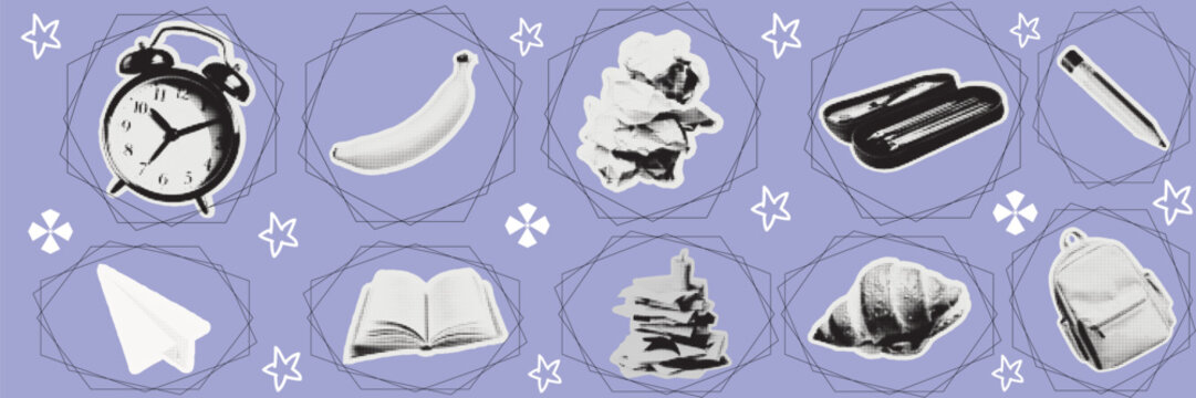 Halftone pop art dot alarm clock banana flower hotdog pen paper plane book stones croissant backpack objects set vector illustration