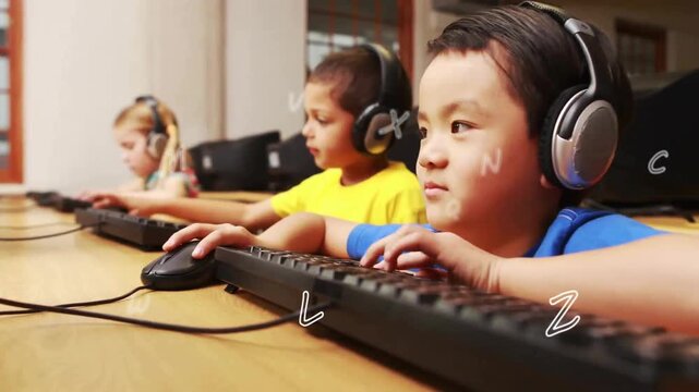 Animation of letters over diverse schoolchildren using computers at school