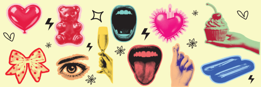 Halftone pop art dot heart balloon gummy bear lips open mouth tongue eye champagne glass bow cupcake hand elements vector illustration