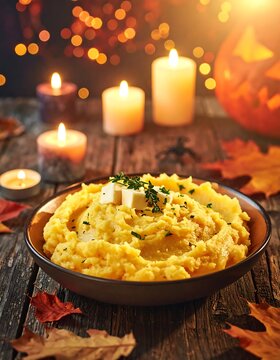 A warm bowl of mashed potatoes with herbs on a wooden table
