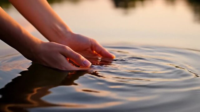 Two hands reaching down to touch water reflection at sunset