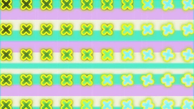Animation of shapes and crosses over colourful stripes