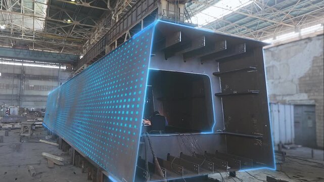 Steel Bridge Fabrication Plant or Steel Structure Factory, inside. Box girder steel bridge. Assembly of a steel bridge box girder in the plant's large production hall. Inside a smart factory.
