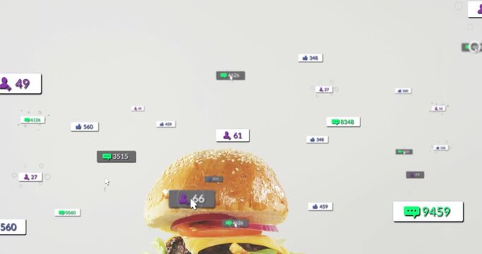 Sesame burger and fries rising as badges multiplying, cursor clicking rings, showing engagement
