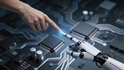 Fototapeta premium Human and Robot Hand Touching with Blue Light on Circuit Board, Symbolizing Tech Collaboration