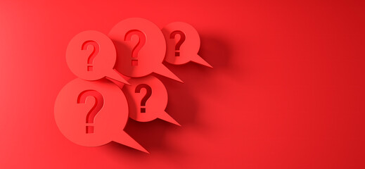 Question mark speech bubbles in front of a red wall with copy space to the right - 3D illustration