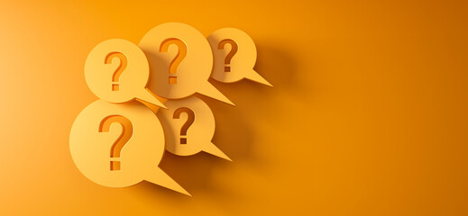 Question mark speech bubbles in front of a yellow wall with copy space to the right - 3D illustration