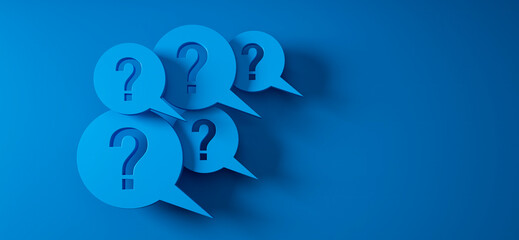 Question mark speech bubbles in front of a blue wall with copy space to the right - 3D illustration