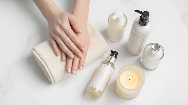 A serene top-down view of manicured hands resting on a soft towel, surrounded by luxury skincare bottles and a glowing candle on white marble, evoking a professional spa atmosphere
