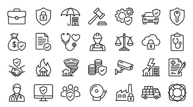 Set of insurance and protection line icons for business and personal security concepts