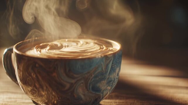 A steaming cup of hot coffee with swirling cream on a wooden table in the morning light. Cozy atmosphere, Hot drink, Cafe menu