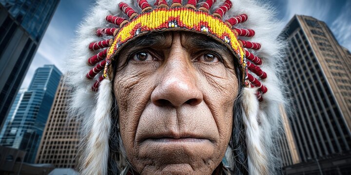Elderly Native American man in headdress juxtaposed against modern city skyscrapers