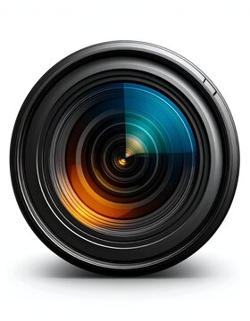 Close-up of a Camera Lens with Colorful Reflections and Shadow.