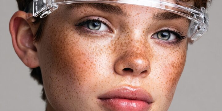 Close-up portrait of a young woman with freckles wearing futuristic clear goggles