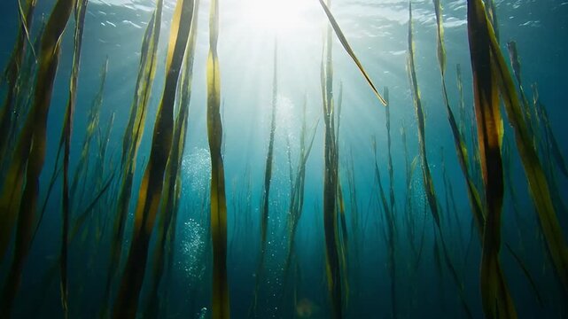 Underwater sunlight filtering through kelp forest canopy