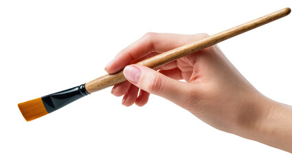 Isolated human hand holding a flat artist's paintbrush with orange synthetic bristles, ready to create. © Constantin