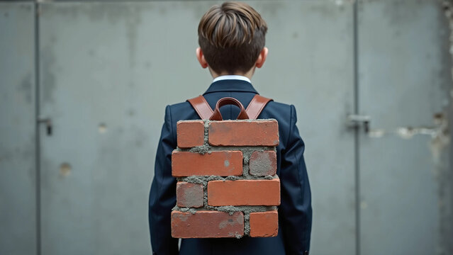Conceptual image of a young student wearing a heavy backpack made of bricks to represent the burden of academic pressure and school stress