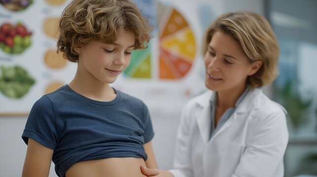 Nutritionist measuring waist circumference of adolescent child in pediatric clinic, colorful food pyramid poster on wall beside growth chart documentation, perfect for childhood obesity prevention,